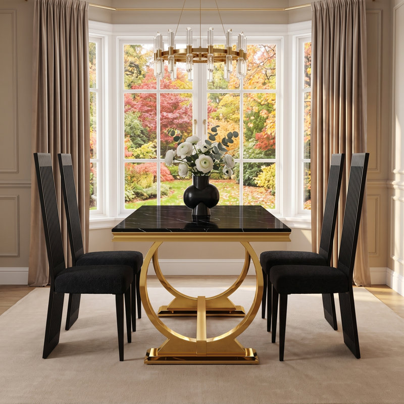 Ensemble de salle à manger 5 pièces noir et or 70 po avec 4 chaises bouclées entièrement noires, Black and Gold Table