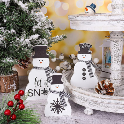 Décoration de table bonhomme de neige en bois - noir et blanc