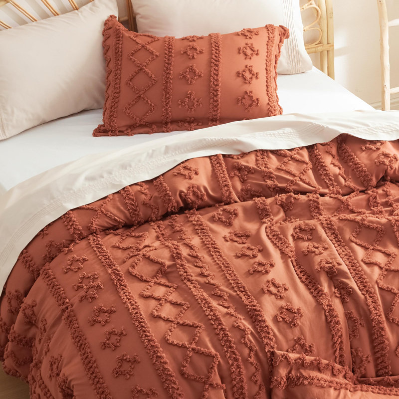 Ensemble d'édredon touffeté Boho, Lit double, Terracotta