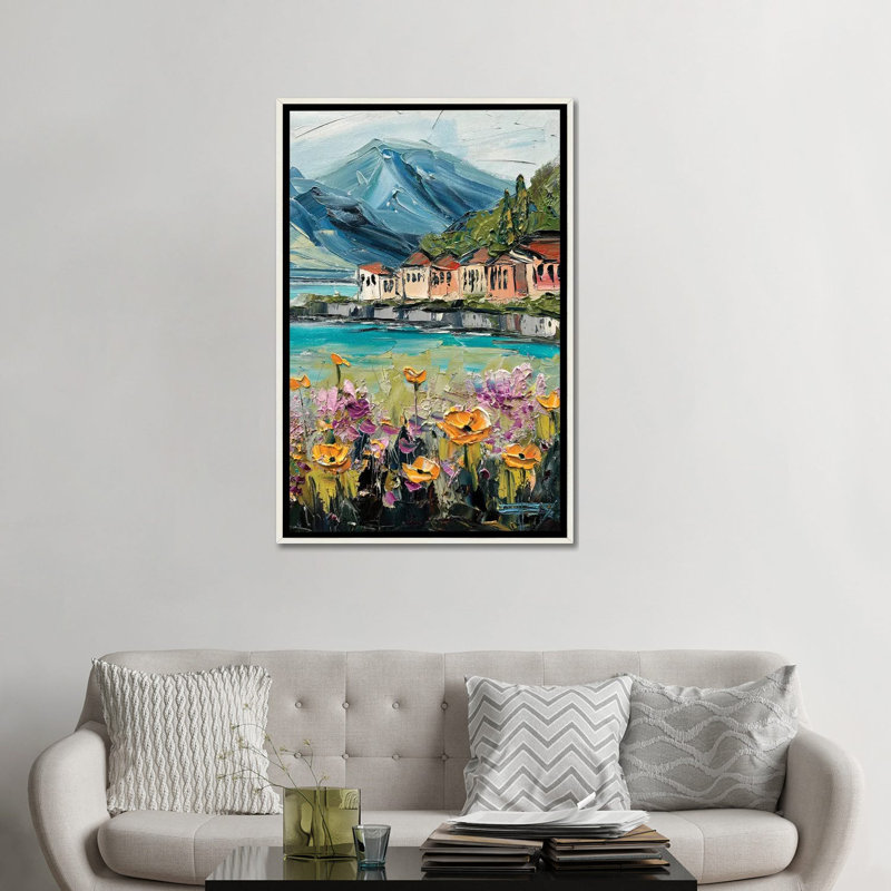 Lake Como In Bloom - Wall Art Print - Framed Canvas, 48" H x 32" W, Floater Framed Print Canvas without Mat, Distressed White