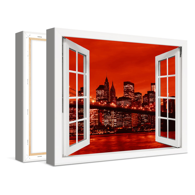 New York Manhattan Brooklyn Bridge Red Window - No Frame Print on Canvas, 30cm H x 40cm W x 2cm D