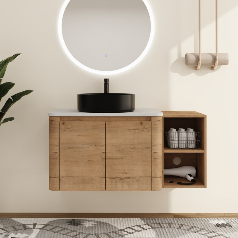 Ensemble de meuble-lavabo simple mural 42 po avec lavabo en céramique et tablettes de rangement Varnby, ensemble de meuble-lavabo simple avec plateau en pierre reconstituée