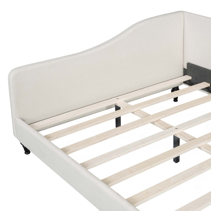 Lit de jour en L en forme de L, avec pieds en bois massif, Beige, Lit double