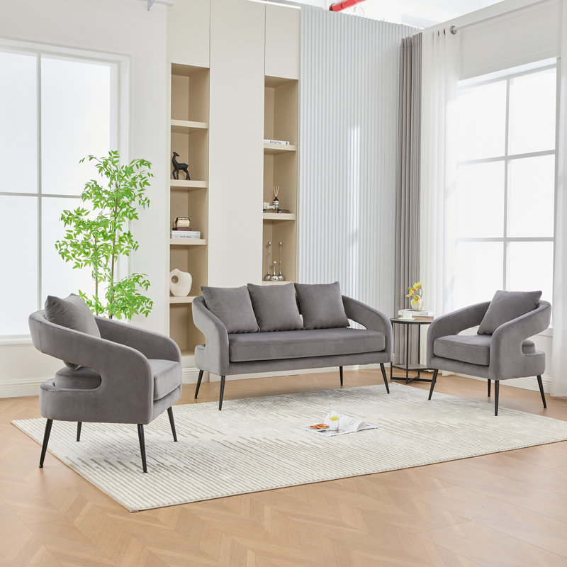 3 - Piece Upholstered Velvet Living Room Set With Metal Legs, Charcoal