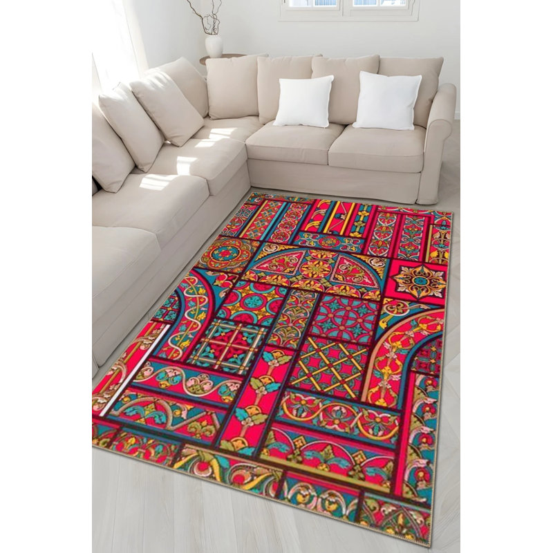 Tapis décoratif moderne de forme géométrique mixte et motif floral, Rond 3 pi 4 po