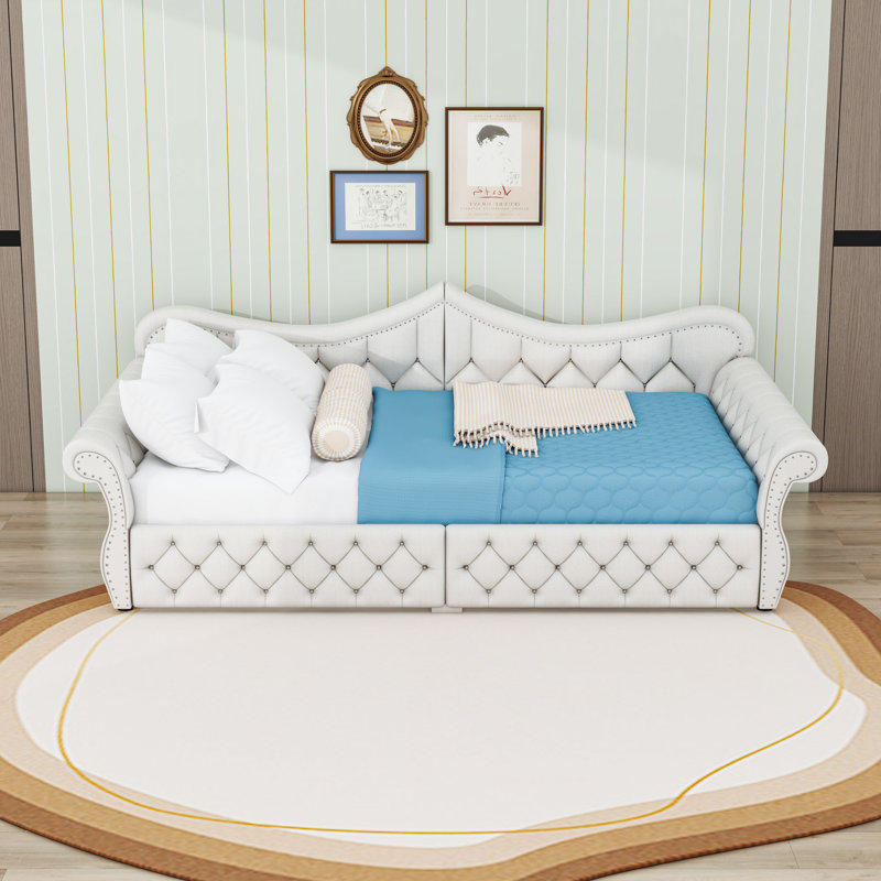 Upholstered Daybed with LED and Nailhead Trim, Beige
