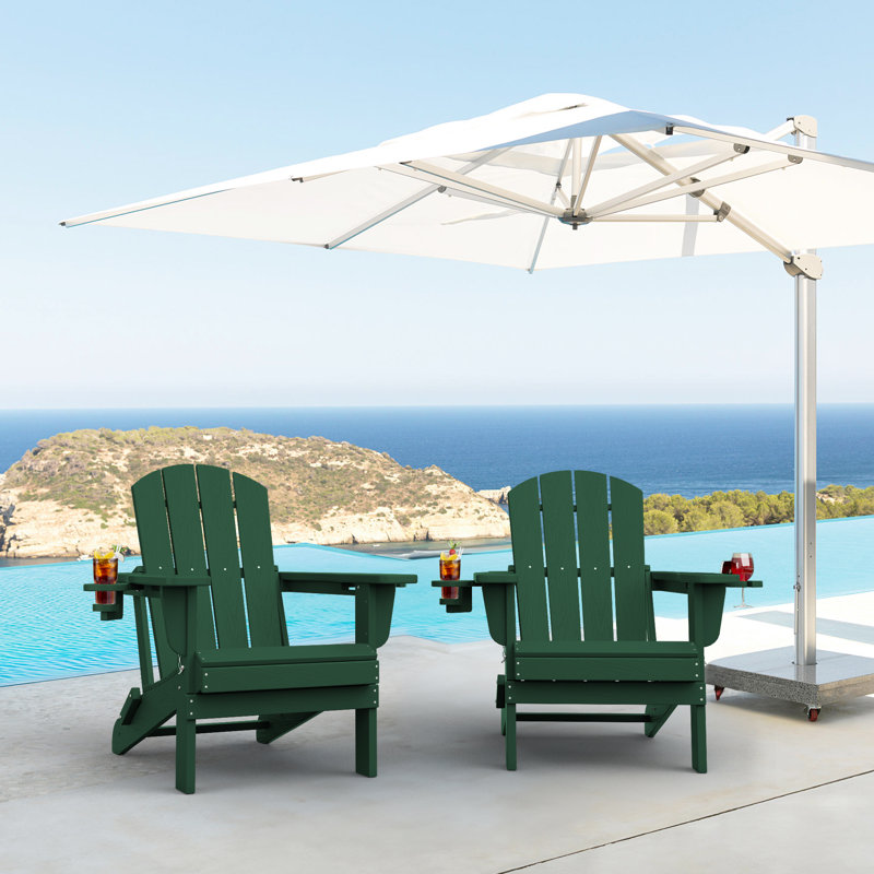 Chaise Adirondack pliante en polyéthylène haute densité avec porte-gobelet double (ensemble de 2), Vert foncé