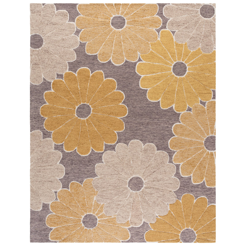 Metro 384 Hand Tufted Wool/Cotton Floral Rug in Dark Gray/Beige, Square 6'