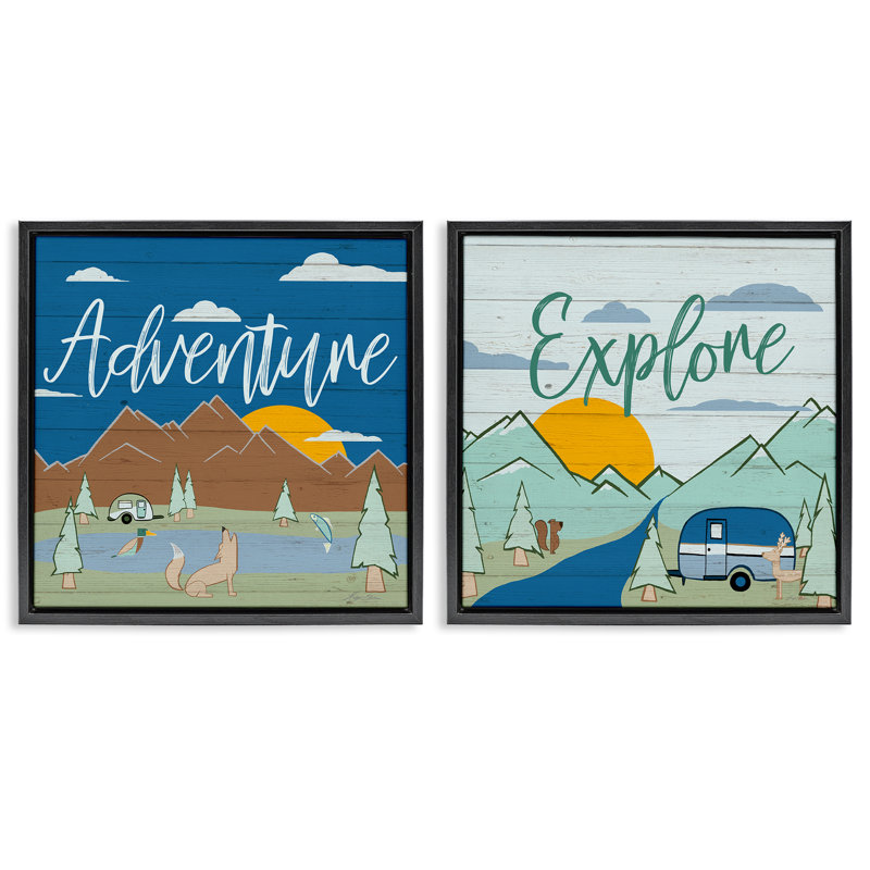 «Adventure Explore Camping», ensemble de 2 toiles flottantes encadrées par Hugo Edwins, Cadre flottant noir de jais
