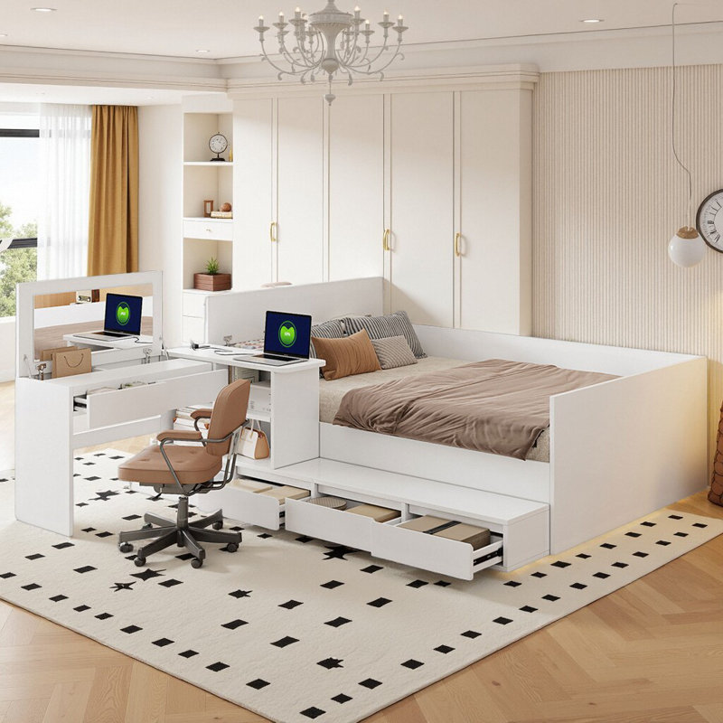Lit plateforme multifonctionnel en bois avec rangement USB et coiffeuse, Blanc