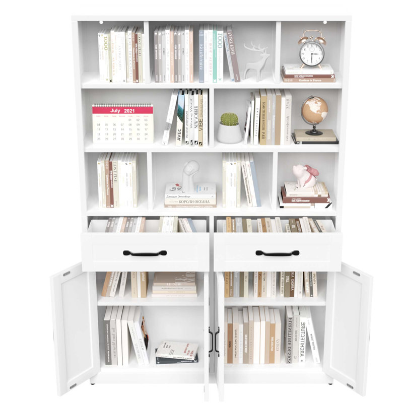 Bibliothèque de rangement haute en métal avec portes et tiroirs, idéale pour l'organisation et la présentation dans un bureau à domicile moderne.