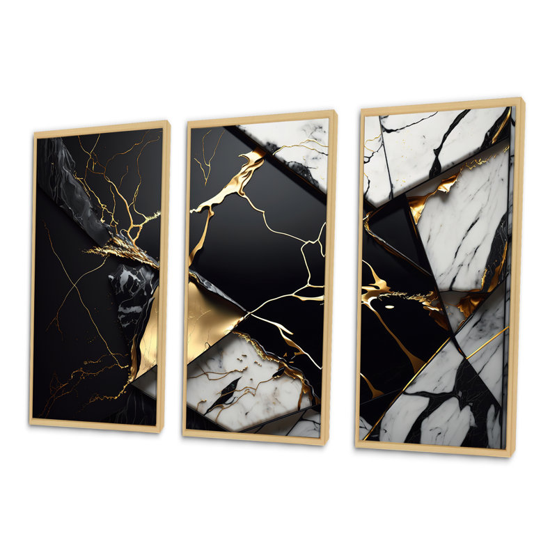 «Abstract Geode Gold IV», reproduction sur toile flottante 3 pièces, H 28 po x l 36 po x P 1 po, Naturel