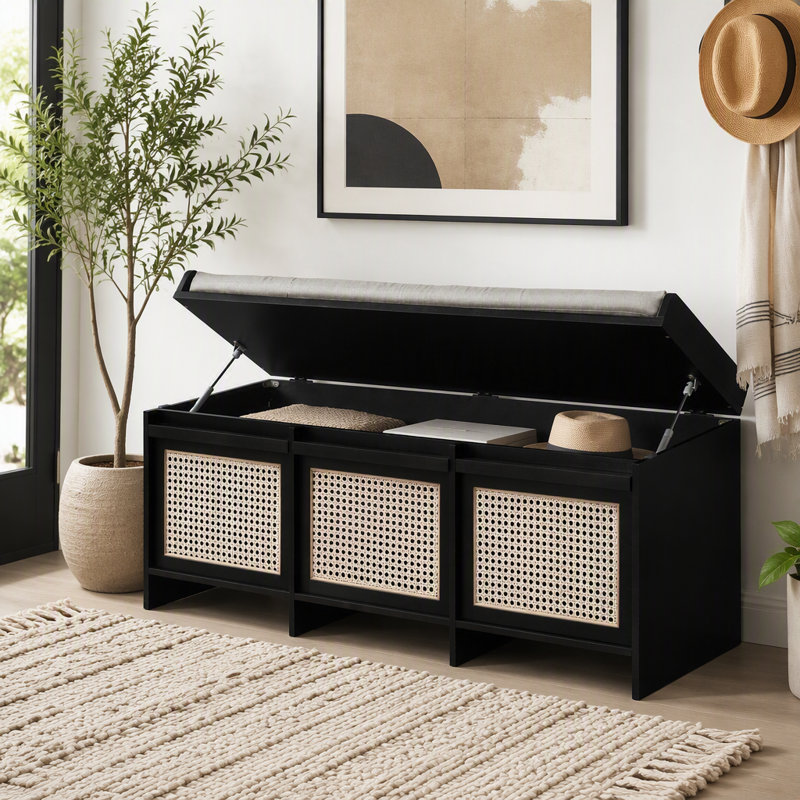 Banc de rangement pour chaussures 48 po, banc de rangement rétro avec tiroirs en rotin et coussin amovible capitonné, Black