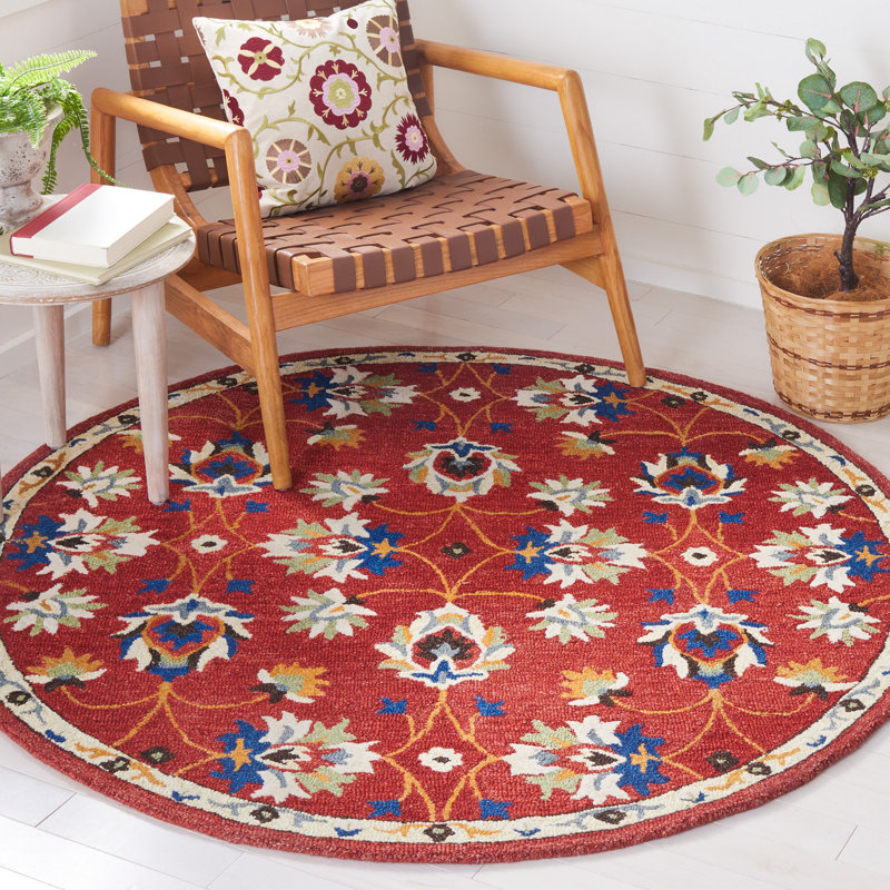Caleesi Micro-Loop Hand Tufted Wool/Cotton Floral Rug in Rust/Beige/Blue, Round 5'