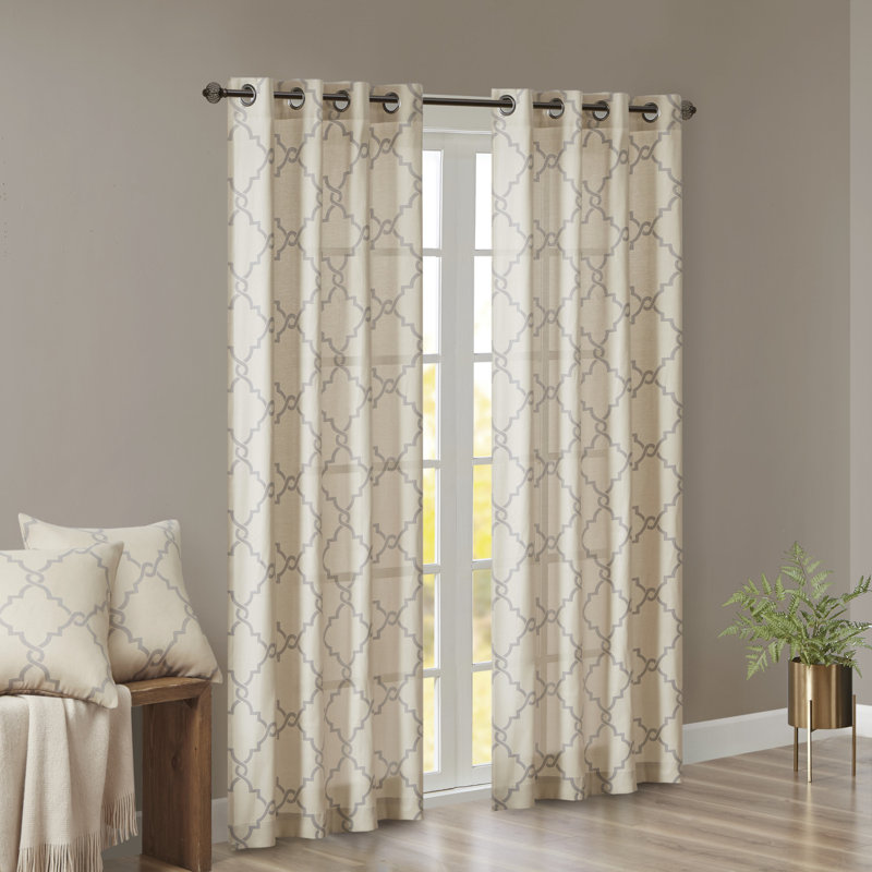 Saratoga Fretwork Print Grommet Top Single 50x108" Window Curtain Panel, 50" W x 108" L, Beige/Grey