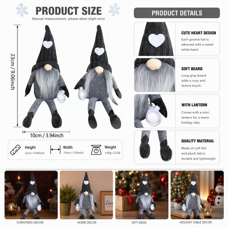 Ensemble de 2 ornements de Noël nains suédois gris, tomte en peluche fait main avec mini lanterne et bonnet en tricot en forme de cœur, figurines de gnomes sans visage pour la décoration de table des fêtes (lot de 2)