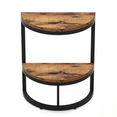 Table de bout demi-lune mince à 2 niveaux, table d'appoint rustique en bois avec tablette de rangement pour petits espaces, salon, chambre à coucher, assemblage facile