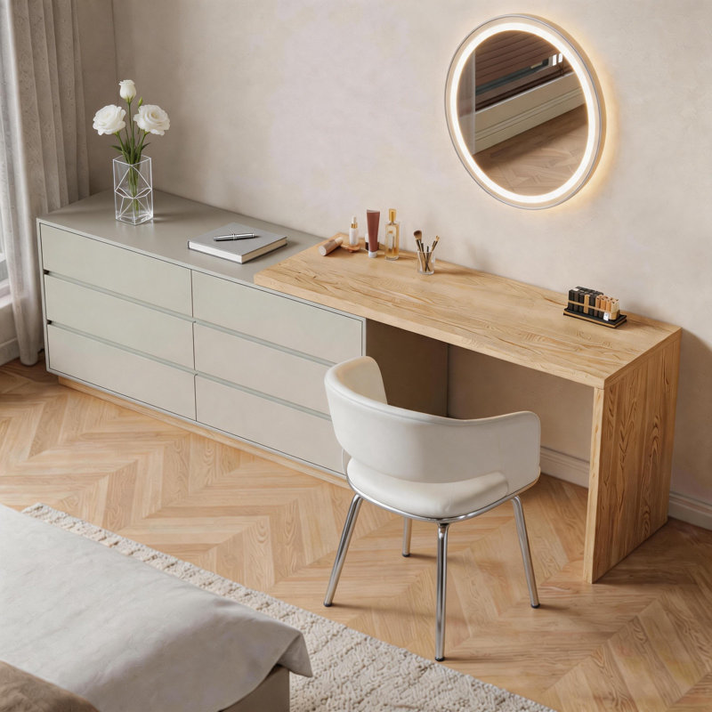 Adjustable Makeup Vanity Table 160-250cm | with Swivel Base & 6 Storage Drawers | Dual-Function as a Study Desk for Bedrooms