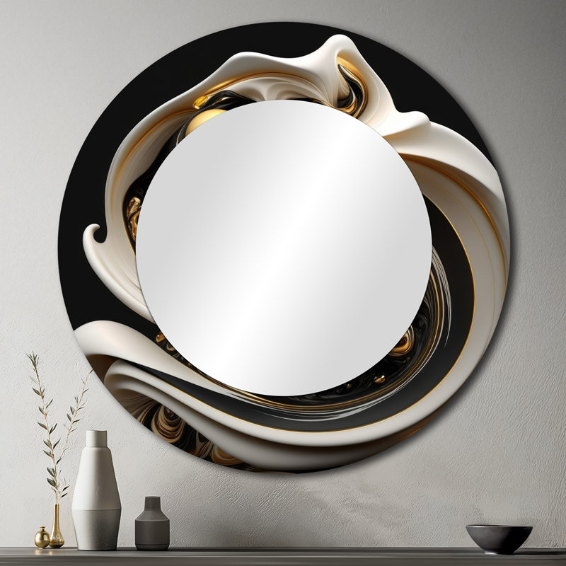 Sobaan liquide blanc vitrail V - grand miroir spirales abstraites, miroir mural rond doré, 36 po x 36 po