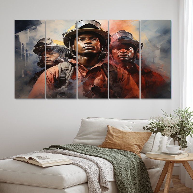 «Fireman Heroes In Action I», impression d'art mural pompier - 5 panneaux égaux