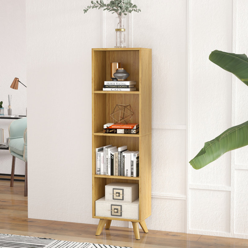 Ronald 4-Shelf Bookcase Cabinet with Adjustable Shelves and Sturdy Wooden Legs, 52.95"H x 14.57"W x 9.45, Oak