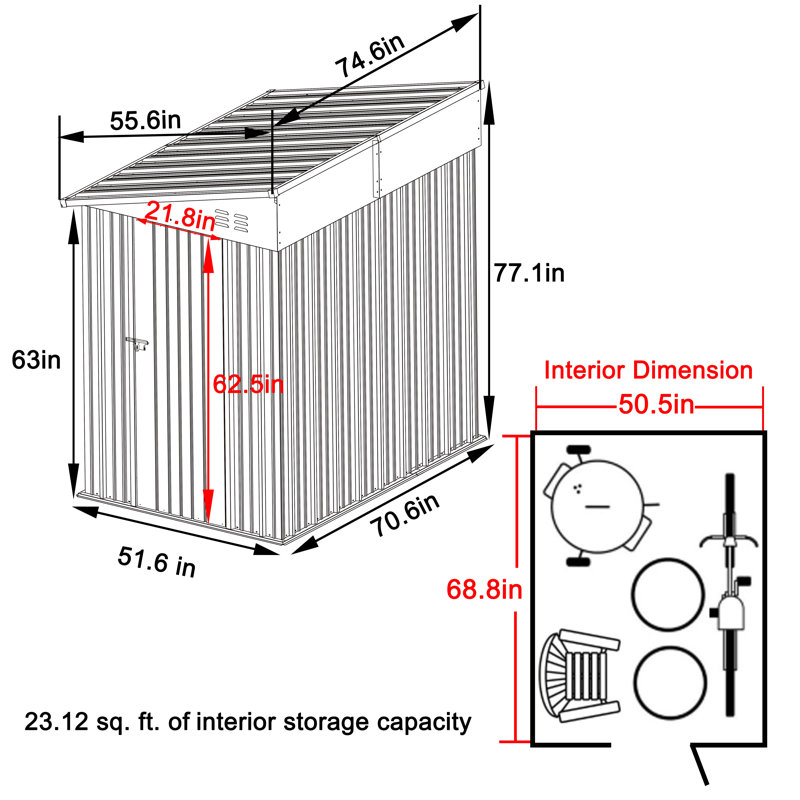 70.6 ft. W x 51.6 ft. D Metal Lean-To Storage Shed