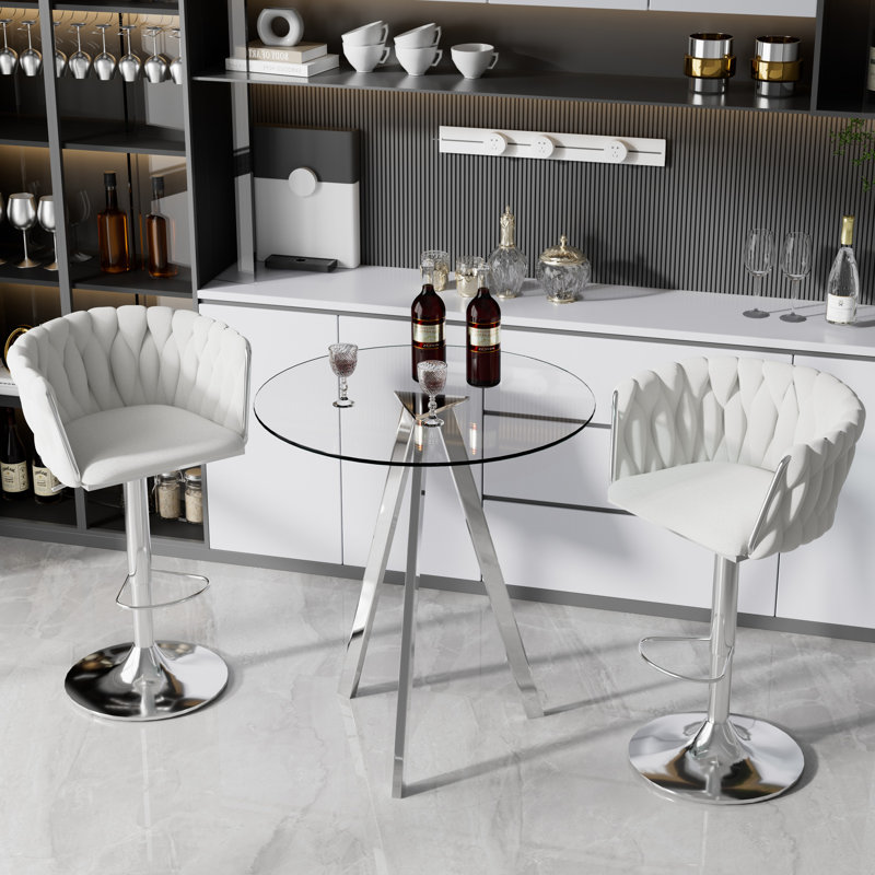 3 Piece Bar Height Set-Tempered Glass Round Table and 360°Fabric Pedestal Bar Stool (Set of 3), Beige