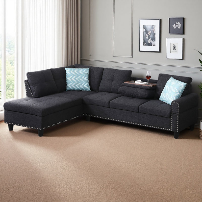 Cup-Holder Console-Featured Corner Sofa, Charcoal Gray Linen