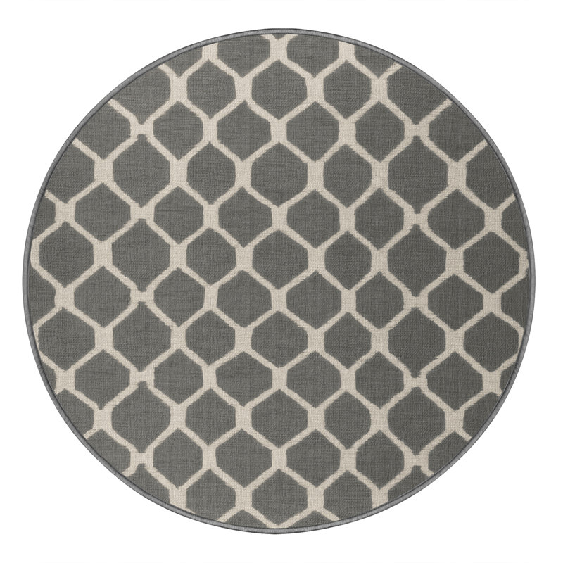 Machine Washable Trellis Gray Area Rug, Round 4'