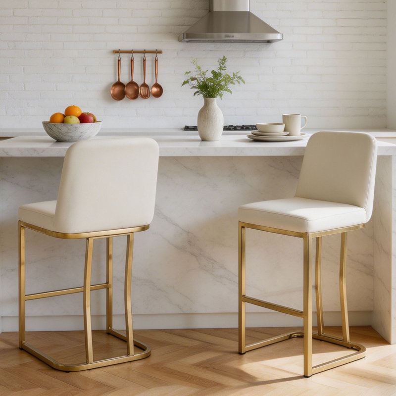 Tabouret de bar moderne de 24 po de hauteur avec structure en métal (ensemble de 2), Crème / doré, 2