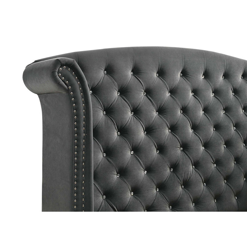 Très grand lit tapissier à oreilles gris avec dossier haut, Gris