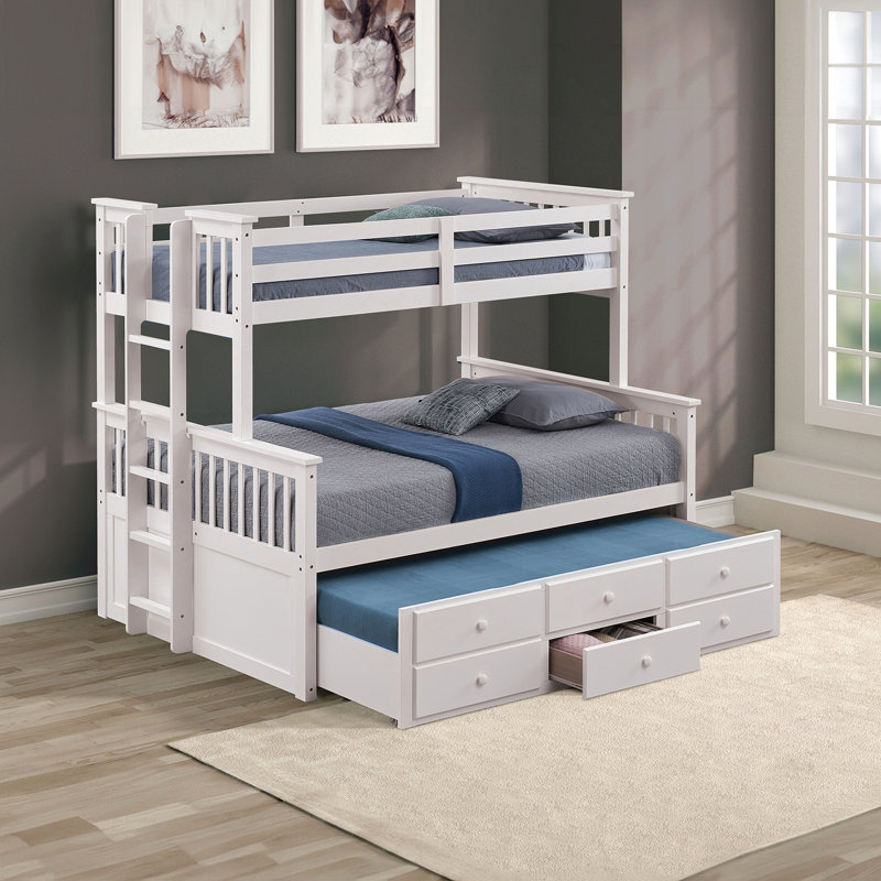 Lit superposé simple au-dessus d'un lit double transitionnel avec abat-jour blanc, accès latéral et 3 tiroirs sous le lit, fabrication en bois d'ingénierie massif, joints d'insertion et de verrouillage, lit gigogne pour le confort de la chambre à coucher