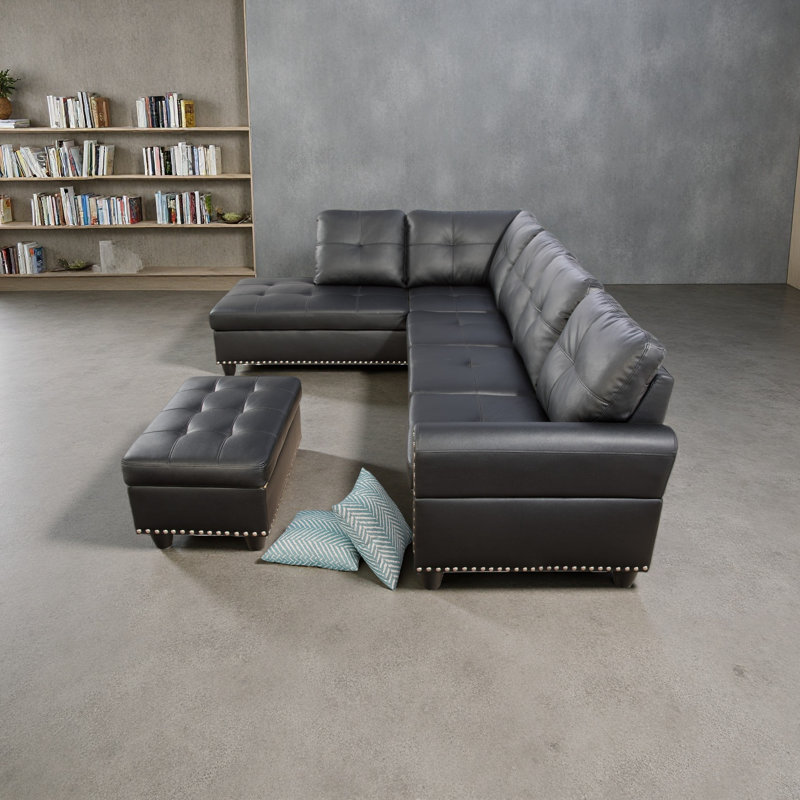 Canapé modulaire en L en similicuir avec rangement et porte-gobelets, Noir