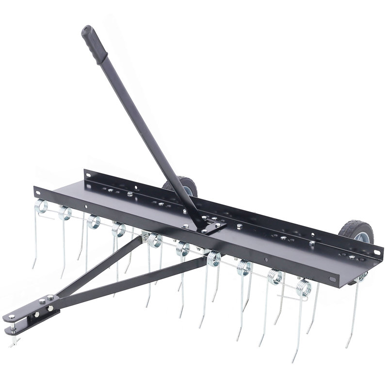 Balai de ramassage de 40 pouces derrière le déchaumeur, andaineur, andaineur de tracteur de pelouse, attache de remorquage de dents avec tondeuse, accessoires de tondeuse à gazon pour outils de jardin extérieur Entretien de la pelouse