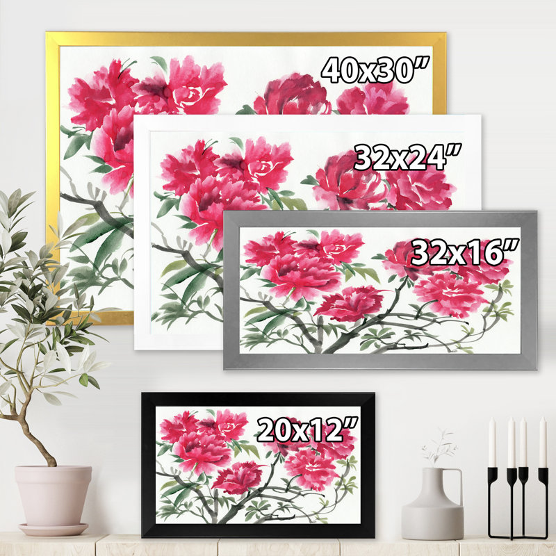 Rétro fleur mauve azalée - peinture sur toile, H 30 po x l 40 po x 1,5 po, Toile avec cadre argenté