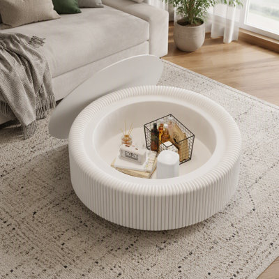 Table basse de rangement ronde cannelée 31,5 "avec plateau en verre trempé et table basse moderne en cuir de qualité supérieure avec rangement caché pour le salon