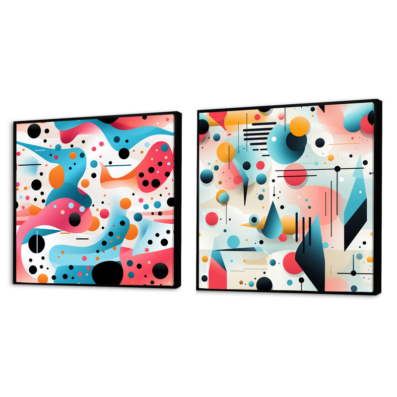«Pink and Blue 1950S Trendy Patterns I - Abstract Collages Square», ensemble de 2, Cadre flottant noir, H 16 po x l 33 po