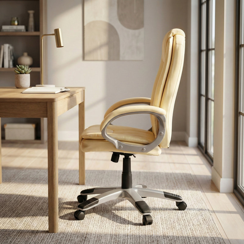 Muskoka Swivel Desk Chair Faux Leather With Adjustable Height, UKFR Certified, Cream