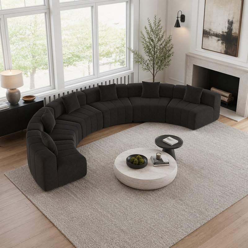 Canapé incurvé modulaire avec coussins, L 175 po, Chenille noir