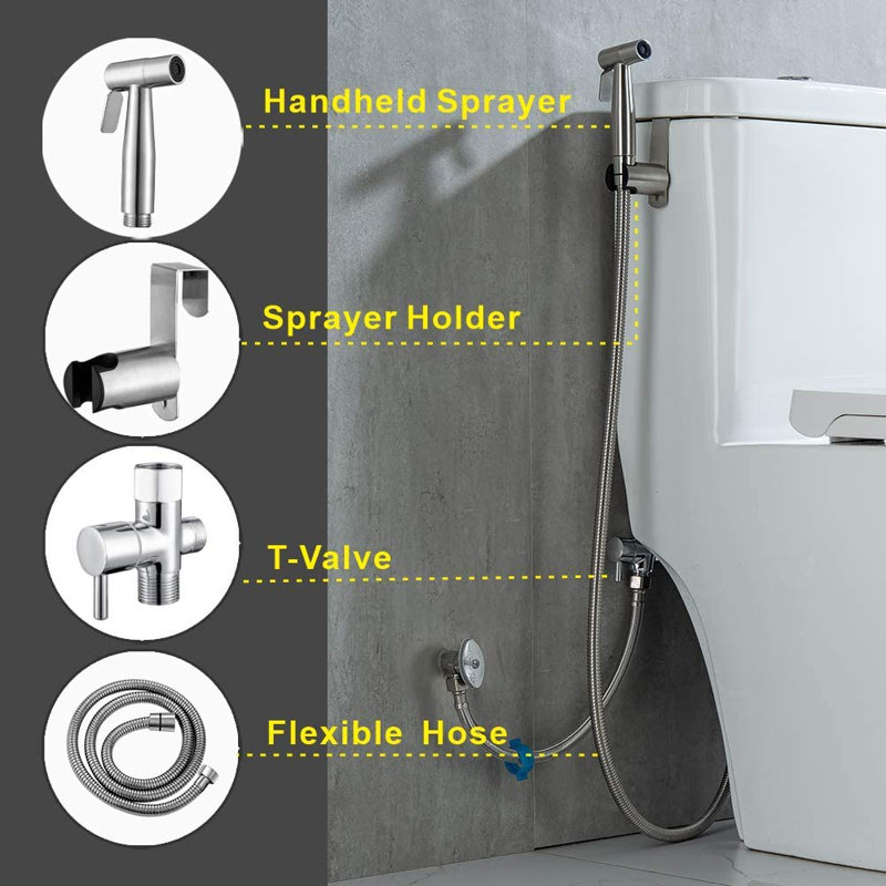 Elongated Hand Held Bidet with Faucet,  Silver