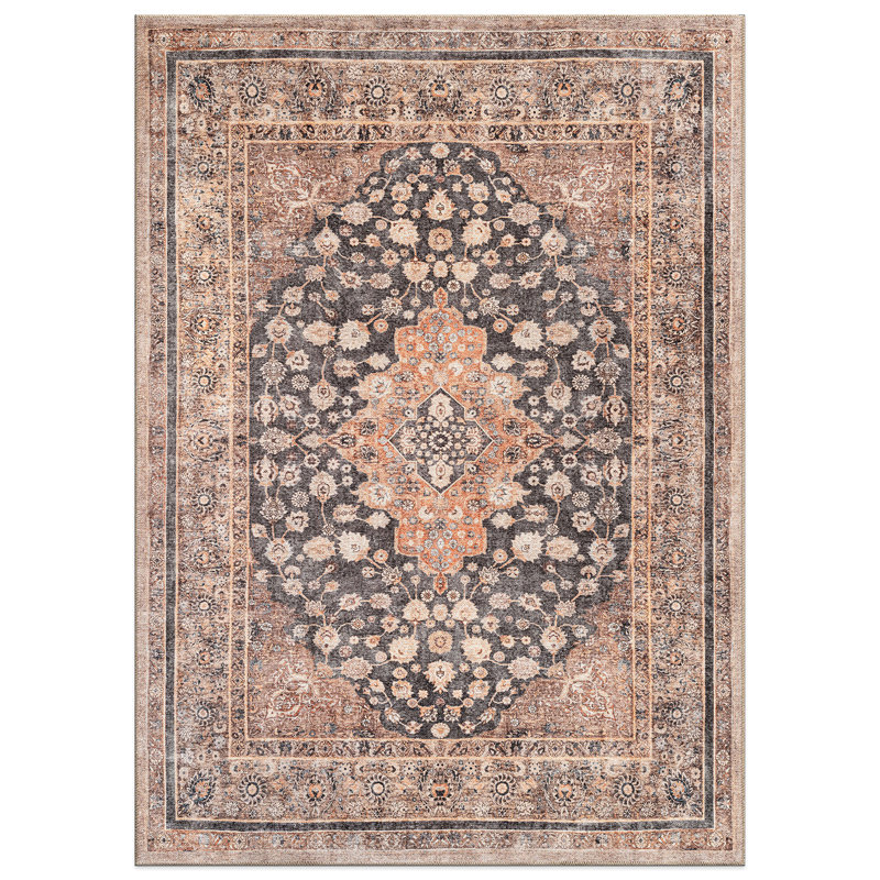 Marin Black Persian Style Machine Washable Flatweave Area Rug With Non-Slip Backing, Rectangle 7'6" x 9'6", Black