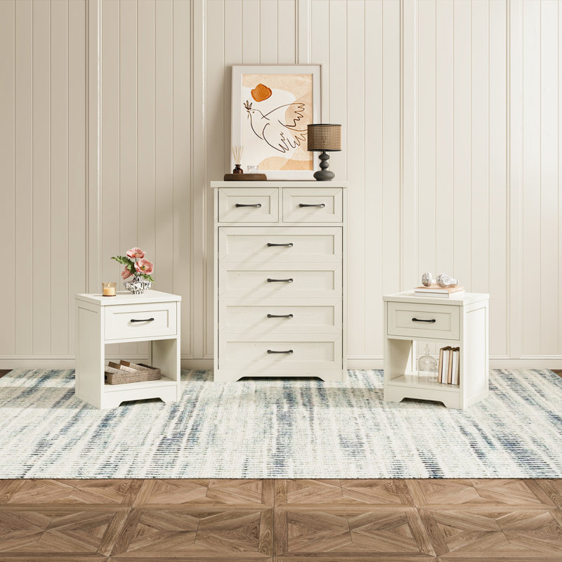 Ensemble de chambre à coucher 2 pièces Elmhurst - Commode 6 tiroirs et 2 tables de chevet avec tiroir et rangement ouvert