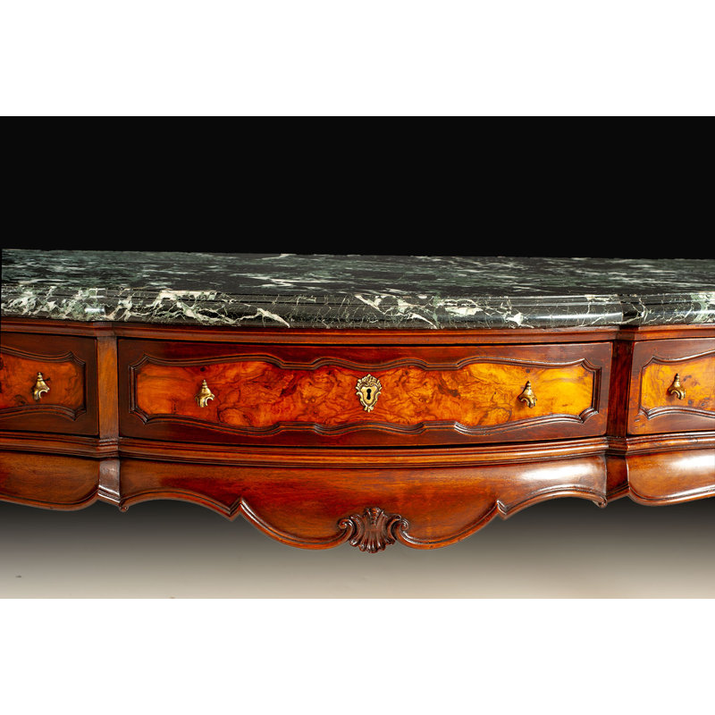 Original Italian Antique Walnut Burl Console Table with Green Marble Top