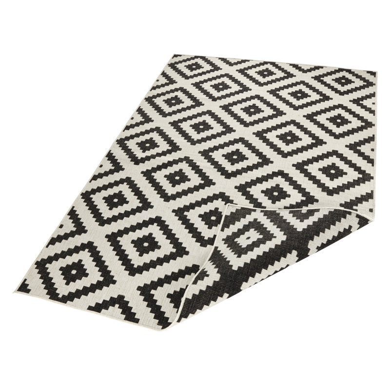 Malta - Indoor & outdoor rug, flat weave, living room, balcony, terrace, geo pattern - black cream, Rectangle 160 x 230cm