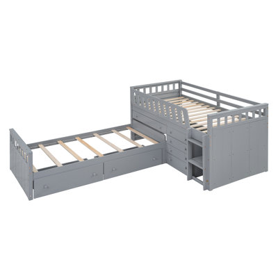 L-shaped Space-Saving Twin Loft and Twin Platform Bed with 7 Drawers and Full Guardrails