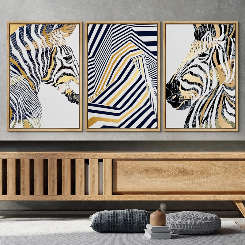 Style géométrique, jungle, zèbre, animaux, bandes dessinées, art moderne, portrait sauvage rustique, 3 pièces