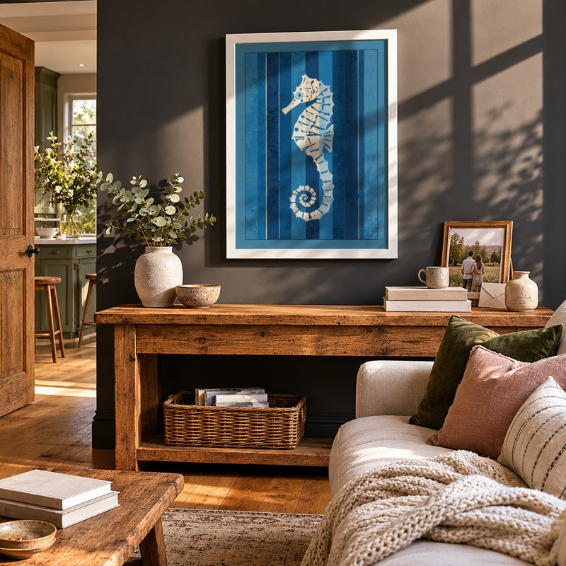 Striped Seahorse Coastal - Framed Print, A3 - 42.0 x 29.7 cm, White