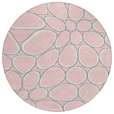 8' Pink Gray And Ivory Round Abstract Washable Indoor Outdoor Area Rug