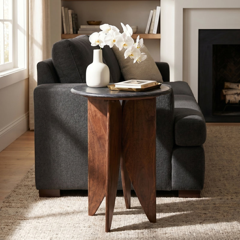 Black Marble & Wood Petal-Leg Side Table