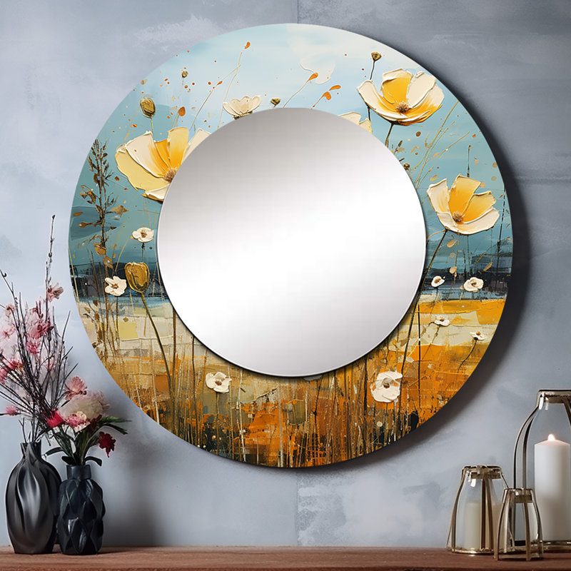 Jaune Buttercups Buttercup Meadow - décor de miroir mural unique Buttercups, grand miroir rond traditionnel, impression d'art en métal